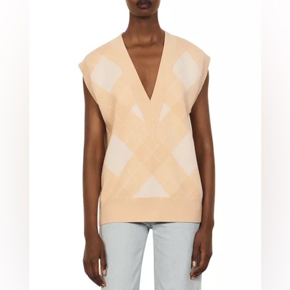 [NWT] Sandro Flavio Beige Cream Plaid Oversized V-Neck Sweater Vest - Sz 1 Sz S